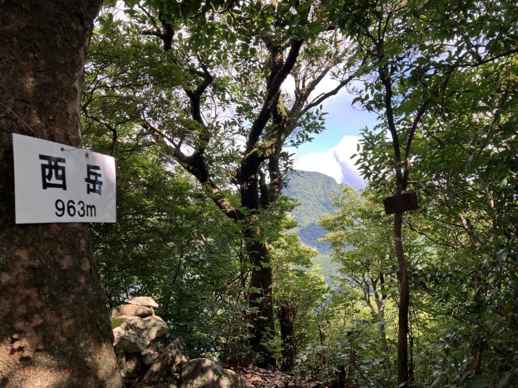 西岳の山頂標識「西岳 963m」と木々の向こうに見える佐賀県の最高峰・経ヶ岳（きょうがたけ）